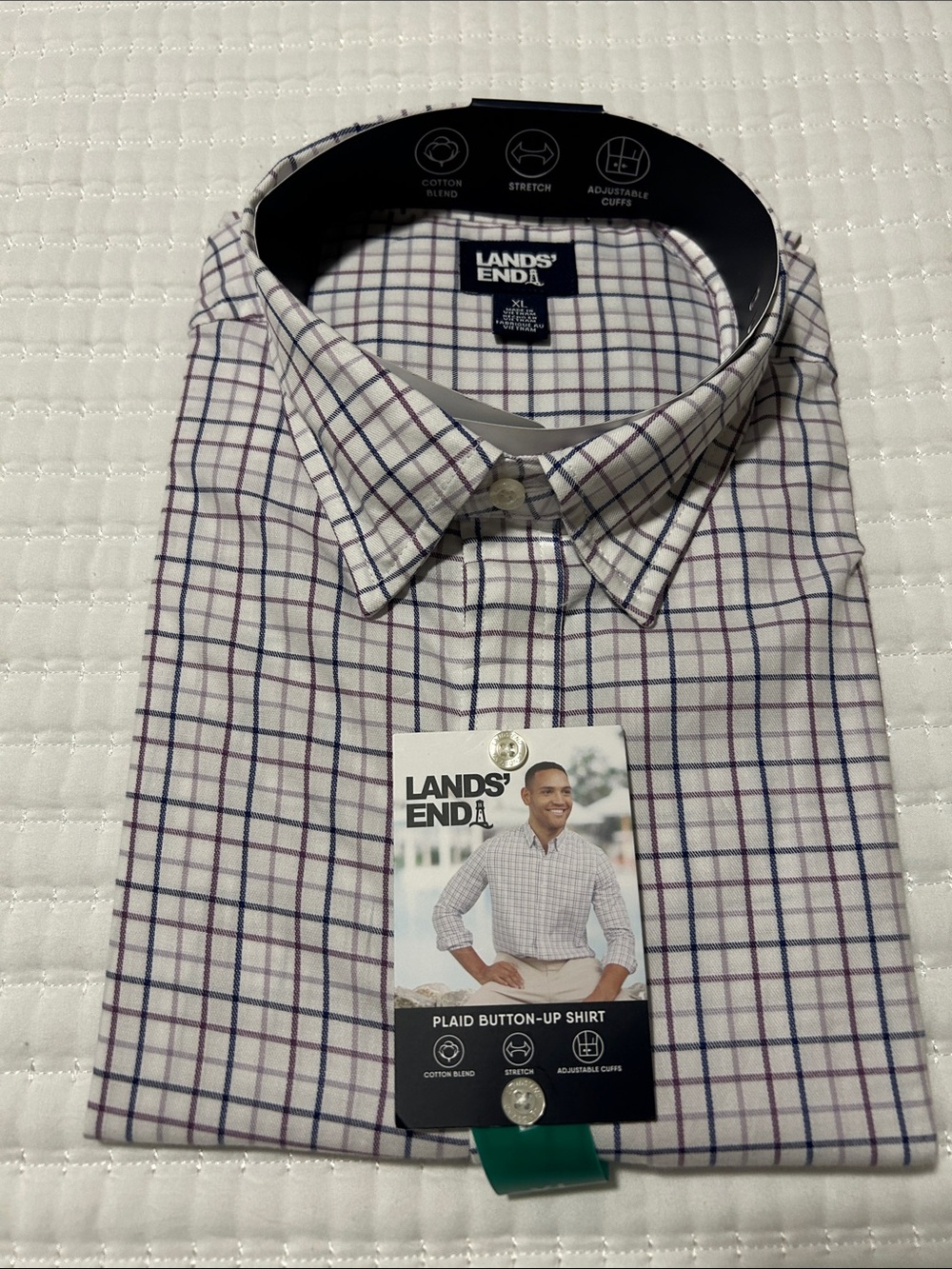 Lands' End Men’s Purple Plaid Button-Up Shirt